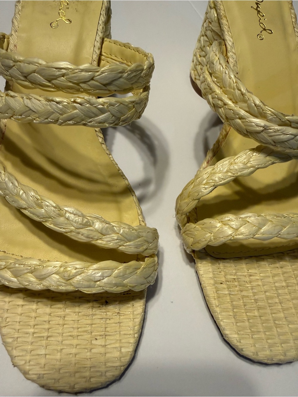 Qupid Braided Strap Cream Wedge Sandals